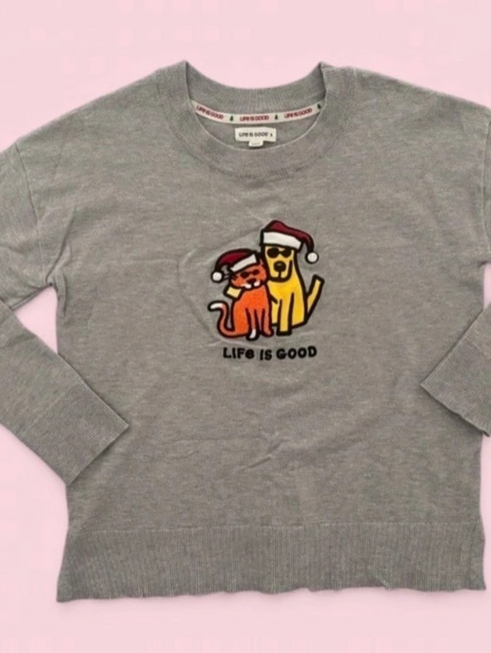 Life Is Good Gray Dog & Cat Christmas Sweater Size Small